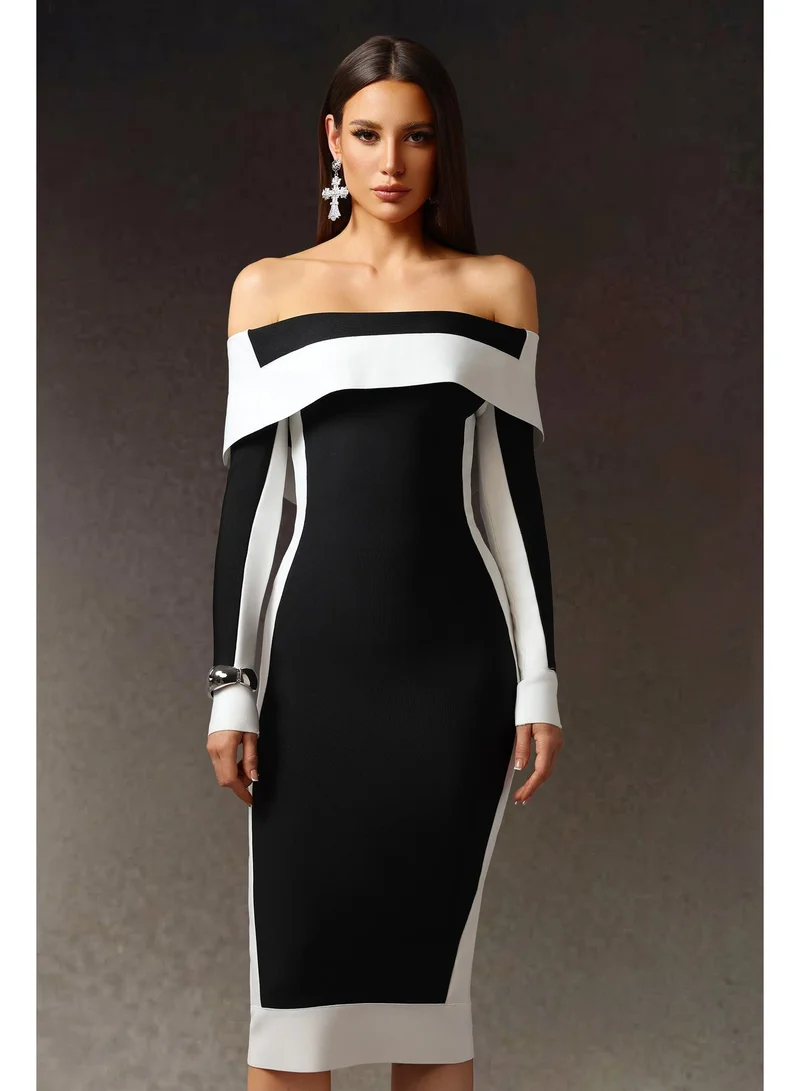 Bella Barnett Mattey Off-The-Shoulder Long Sleeves Stripes Bandage Midi Dress